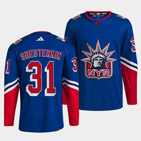 Men%27s New York Rangers #31 Igor Shesterkin Blue 2022 Reverse Retro Stitched Jersey Dzhi